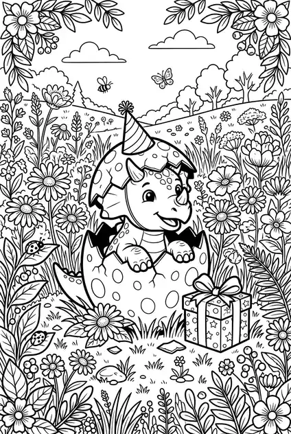 dinosaur birthday coloring pages page 02 - Baby Dinosaur & the Gift Box