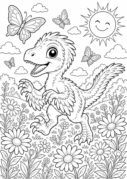 Dinosaur coloring pages velociraptor: baby raptor in flower meadow