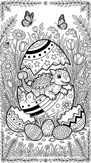 dinosaur easter coloring pages page 02 - Baby Hatches from a Giant Egg