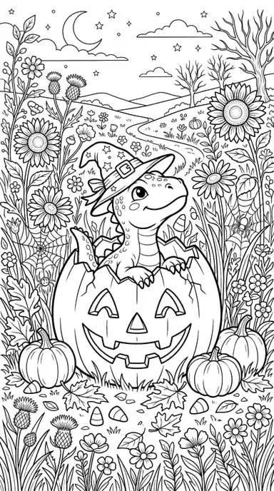 dinosaur halloween coloring page page 02 - Hatchling in a Jack-o-lantern