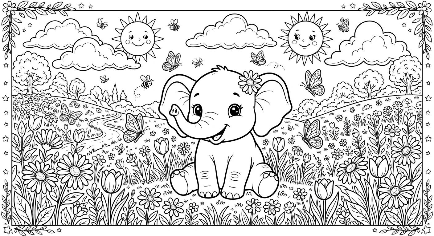 Elephant Calf in Flower Meadow - free elephant coloring page printable black and white line art