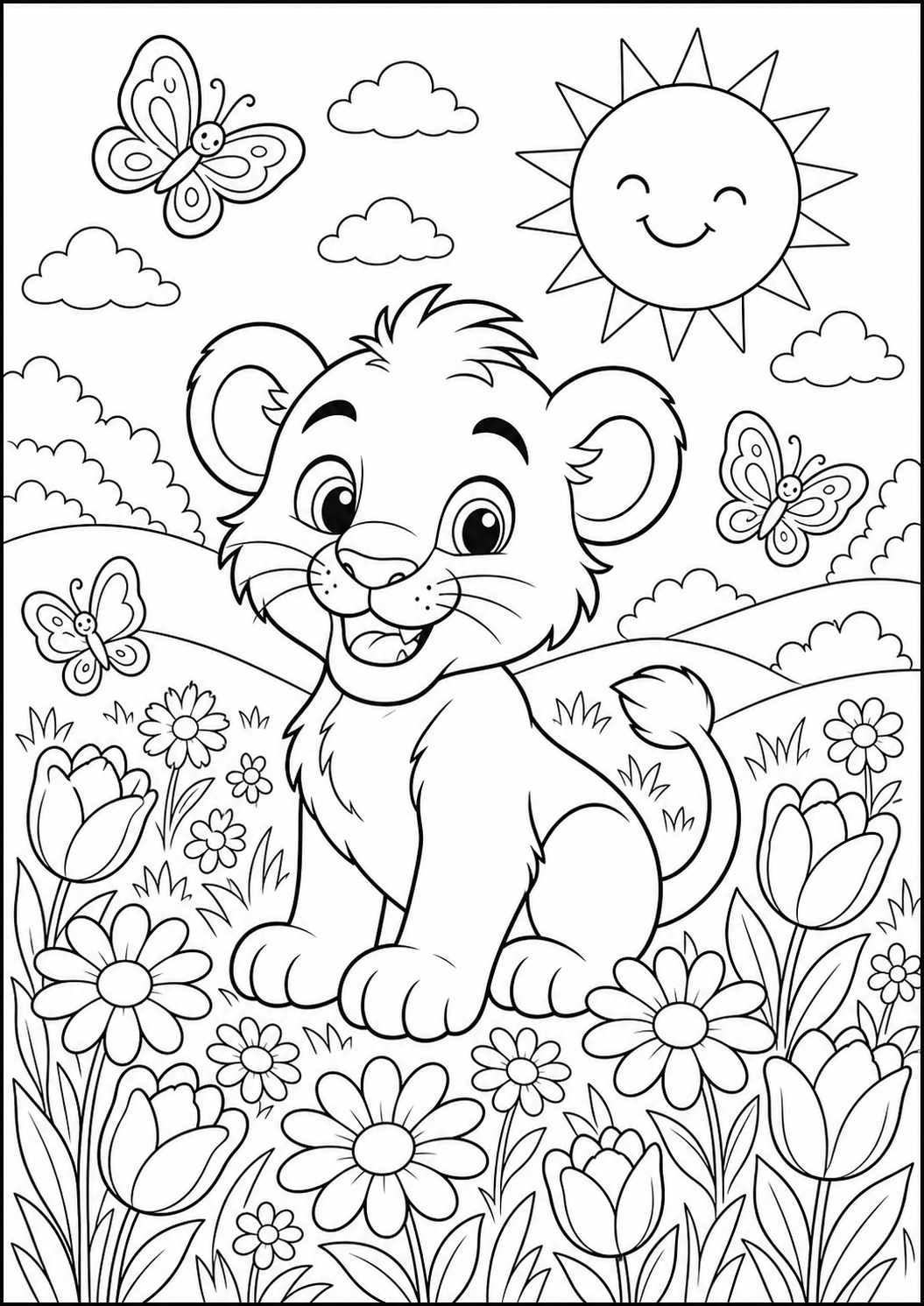 Lion Cub in a Flower Meadow — free lion coloring page, printable black and white line art