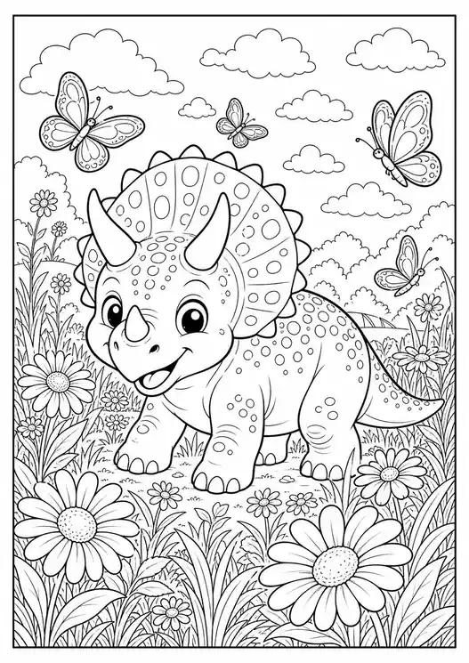Printable Dinosaur Baby in a Flower Meadow printable coloring page