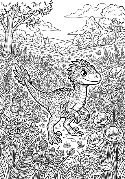 Baby in a flower meadow raptor dinosaur coloring page