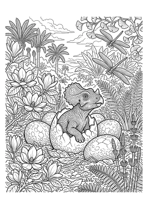 Realistic baby Triceratops hatching from a nest of eggs in a prehistoric meadow with magnolias and dragonflies – realistic dinosaur coloring pages