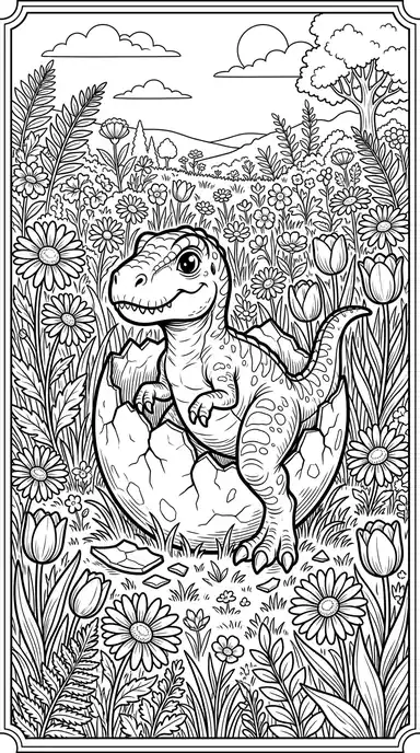 t rex dinosaur to color page 02 - Baby in the Flower Meadow