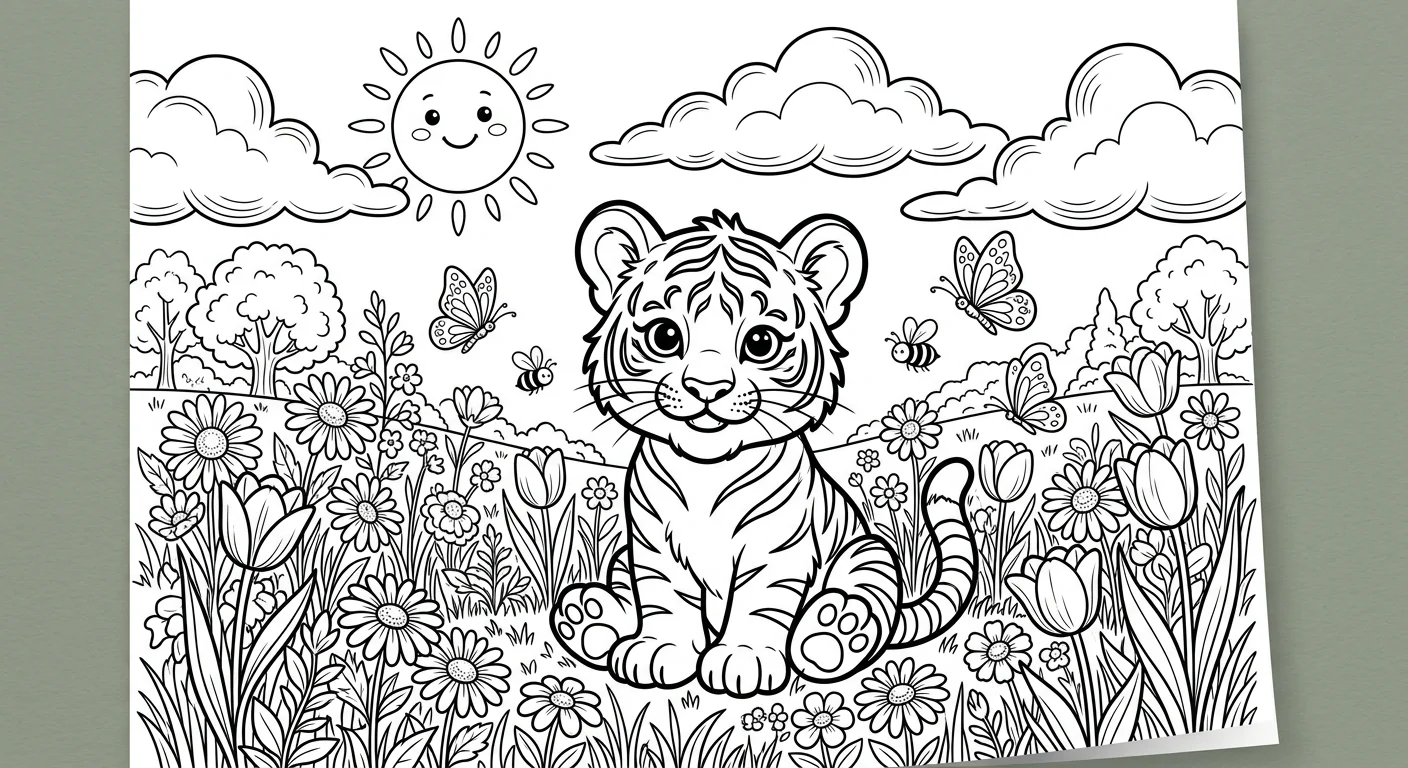 Tiger Cub in Flower Meadow - cute tiger coloring page for kids