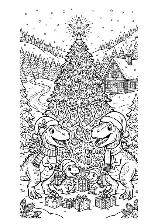 Christmas dinosaur family with scarves and Santa hats gathered under a decorated Christmas tree – christmas dinosaur coloring pages