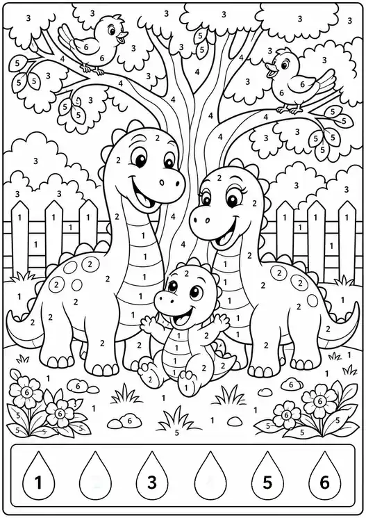 Color by number dinosaurs: dino family under the tree