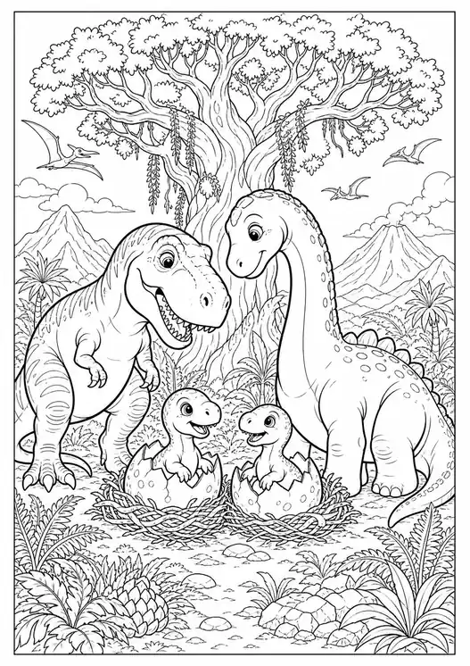 Dinosaur Family Under a Tree printable coloring page