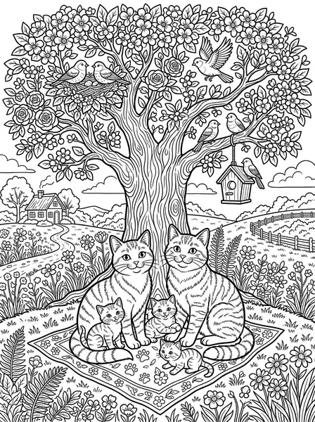 Family under Tree - free coloring cat page printable black and white line art