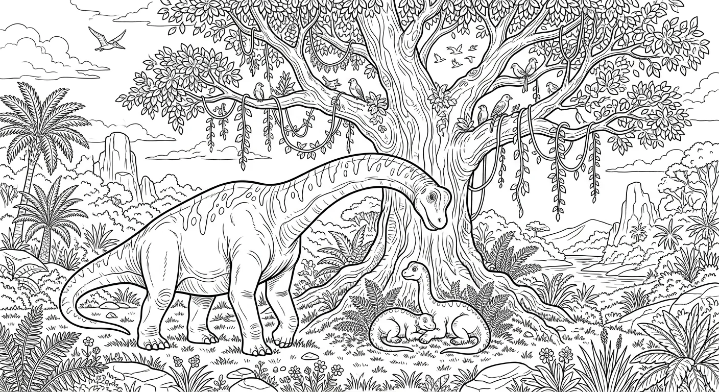 Coloring Dinosaur Family Brachiosaurus - free coloring dinosaur page printable black and white line art