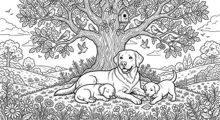 Coloring Dog Family under Tree - free coloring dog page printable black and white line art