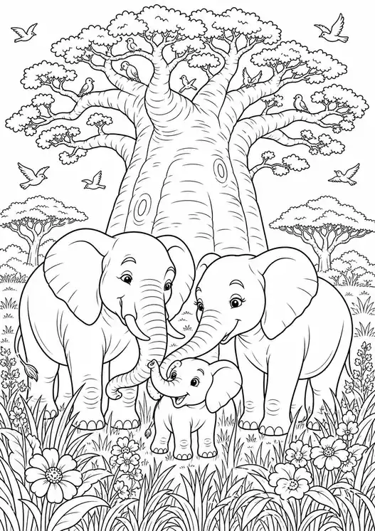 Coloring elephant family under the tree printable page