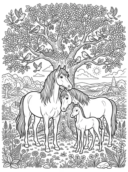Family under Tree - free coloring horse page printable black and white line art