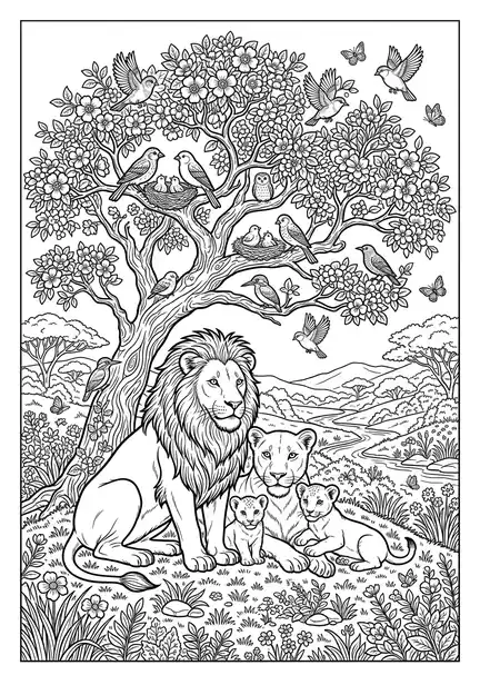 Family under Tree - free coloring lion page
