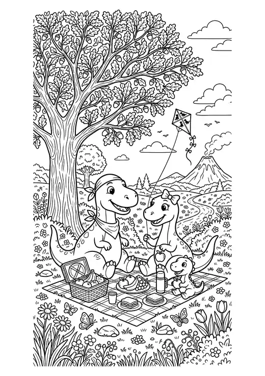 Cute dinosaur family having a picnic under a big leafy tree with a kite, hills and a volcano – coloring pages of cute dinosaurs