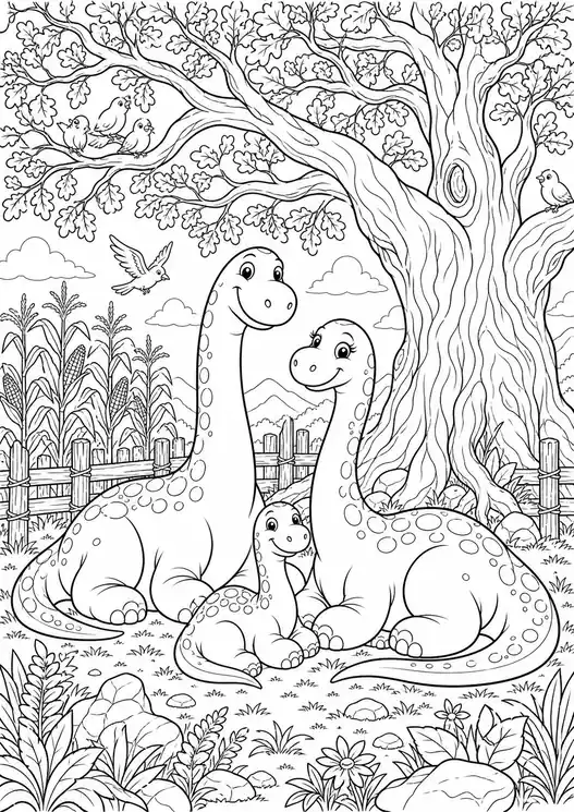 Coloring pages of the good dinosaur: dino family under the big tree