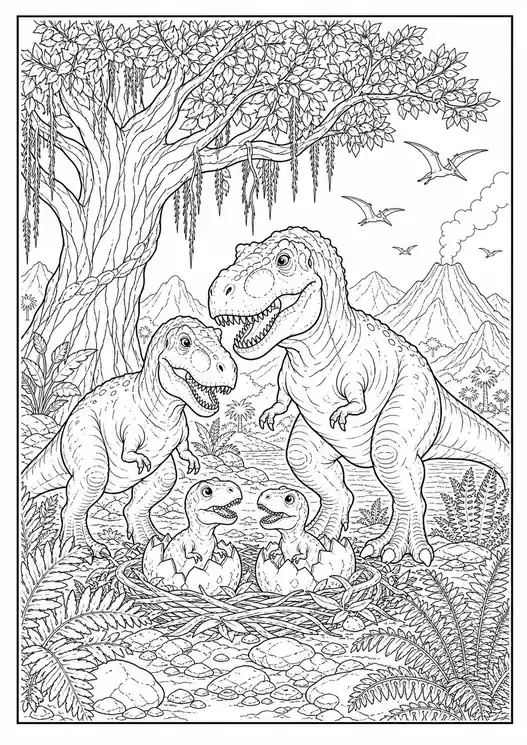 T-Rex Dinosaur Family Under a Tree printable coloring page