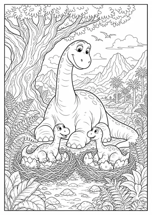 The Good Dinosaur Family Under a Tree printable coloring page