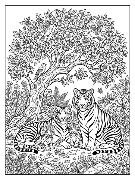 Family under Tree - free coloring tiger page
