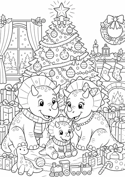 Cute christmas dinosaur coloring pages: dino family under christmas tree