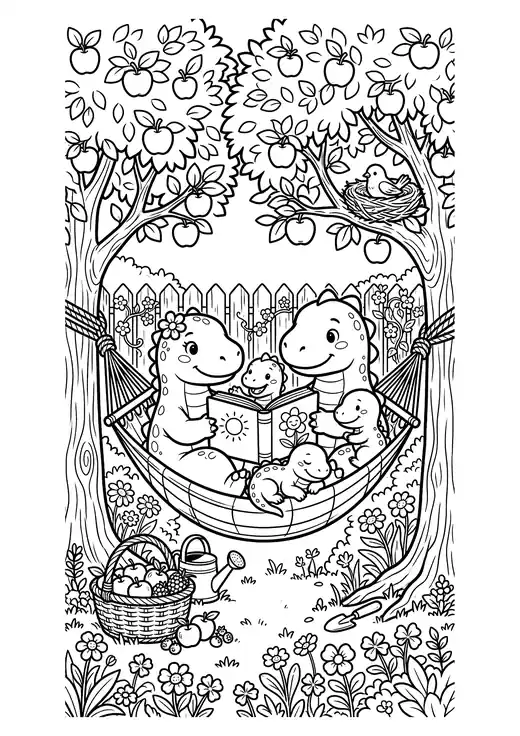 Cute dinosaur family reading a picture book in a hammock between two apple trees – cute dinosaur coloring sheets