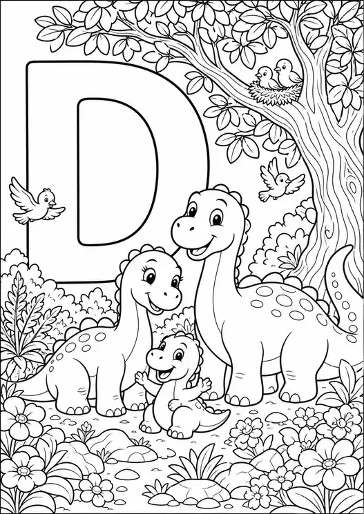 D for dinosaur coloring page: dino family under the tree with letter D