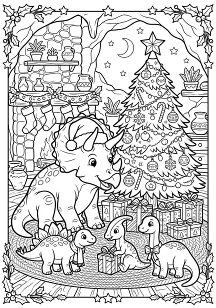 Family under a decorated tree dinosaur christmas coloring page