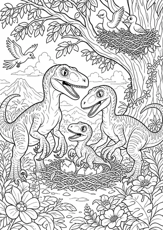 Dinosaur coloring pages velociraptor: raptor family under the tree