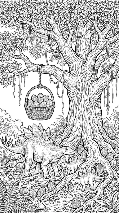 dinosaur easter coloring pages page 03 - Stegosaurus Under the Egg Basket