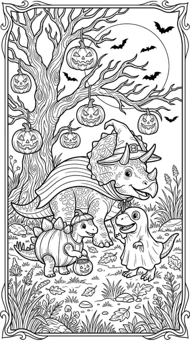 dinosaur halloween coloring page page 03 - Lantern Tree Family