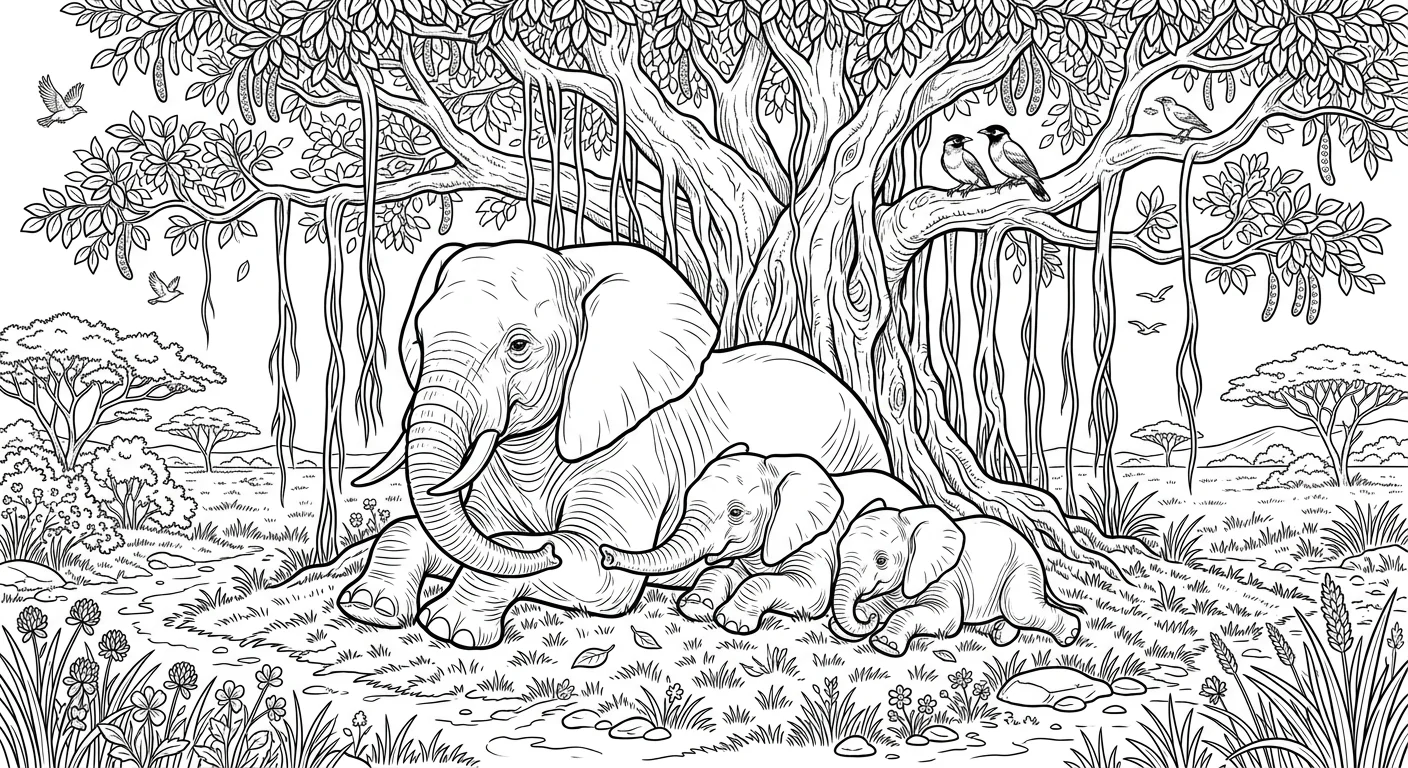 Elephant Family under Banyan Tree - free elephant coloring page printable black and white line art