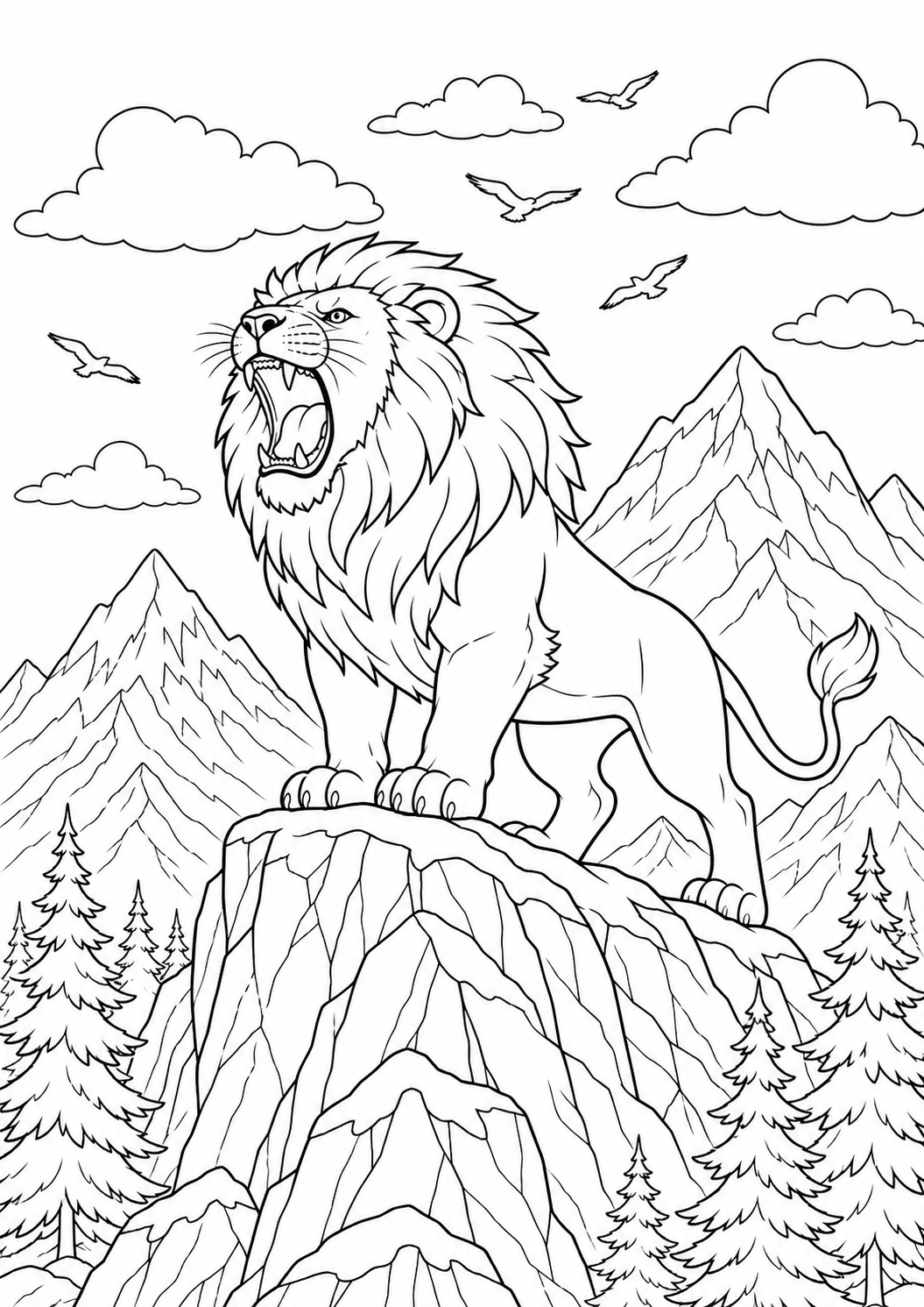 Roaring Lion on a Mountain — free lion coloring page, printable black and white line art