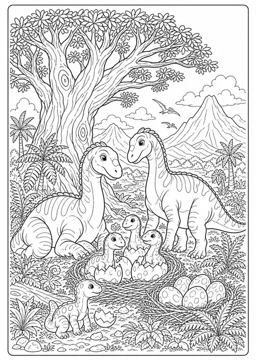 Printable Dinosaur Family Under a Tree printable coloring page