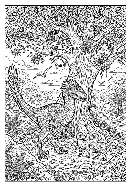 Family under a decorated tree raptor dinosaur coloring page