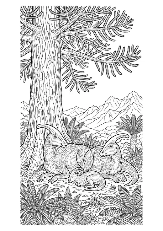 Realistic Parasaurolophus family with crested heads resting under a giant araucaria tree with mountains behind – realistic dinosaur coloring pages