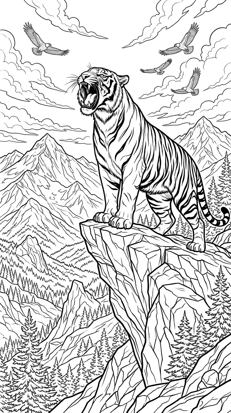 Roaring Tiger on Mountain - powerful tiger coloring page