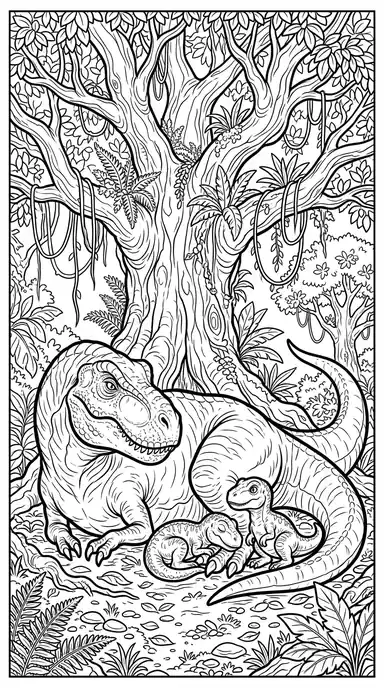 t rex dinosaur to color page 03 - Family Under the Tree