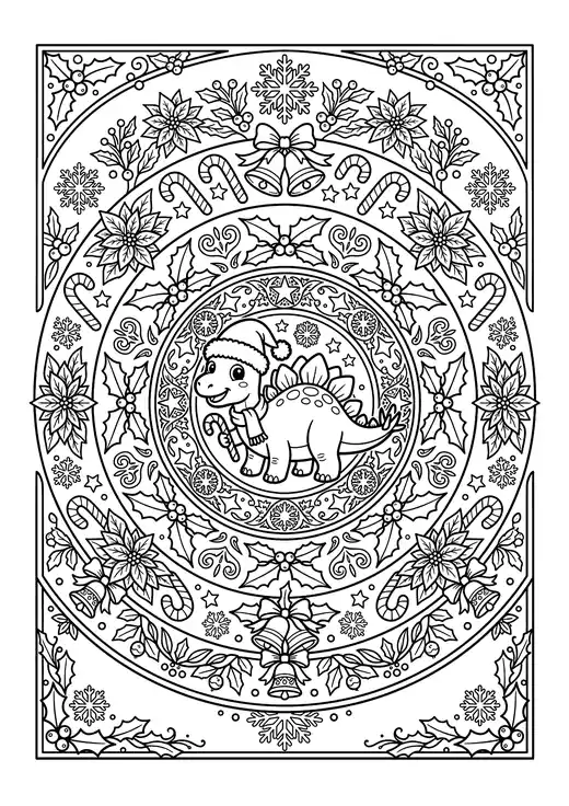 Christmas dinosaur mandala with a stegosaurus in the center surrounded by holly, bells and snowflakes – christmas dinosaur coloring pages