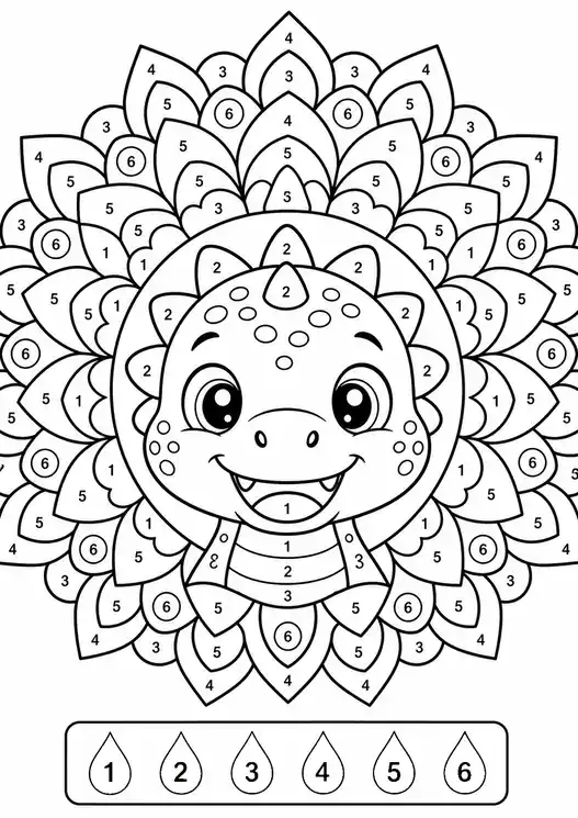 Color by number dinosaurs: dino number mandala