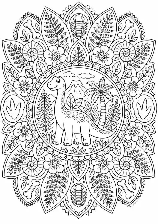 Dinosaur Floral Mandala printable coloring page
