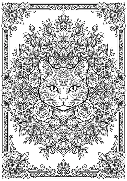 Floral Mandala - free coloring cat page printable black and white line art