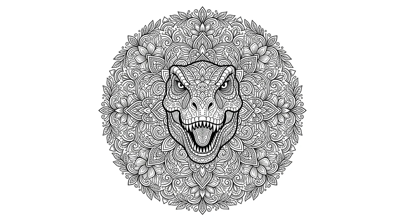 Ornamental Coloring Dinosaur Floral Mandala - free coloring dinosaur page printable black and white line art