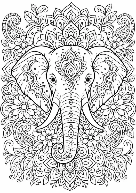 Coloring elephant floral mandala printable page