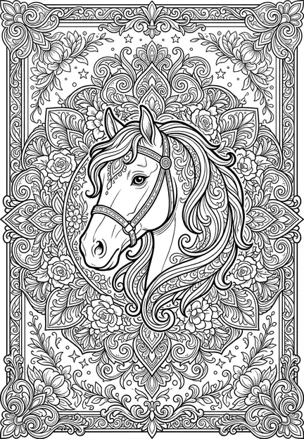 Floral Mandala - free coloring horse page printable black and white line art