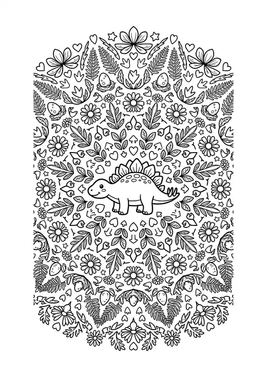 Floral mandala with a cute smiling stegosaurus in the center surrounded by daisies, leaves and hearts – coloring pages of cute dinosaurs