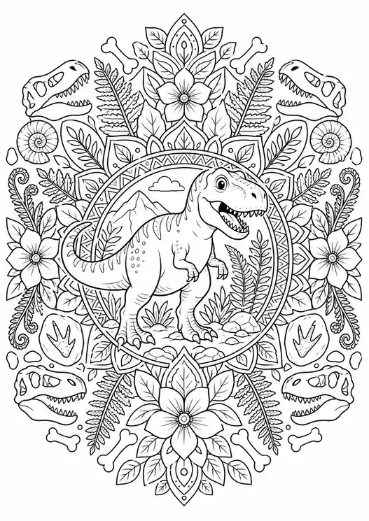 T-Rex Dinosaur Floral Mandala printable coloring page