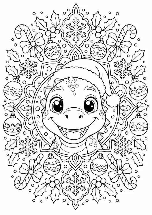 Cute christmas dinosaur coloring pages: christmas dino mandala
