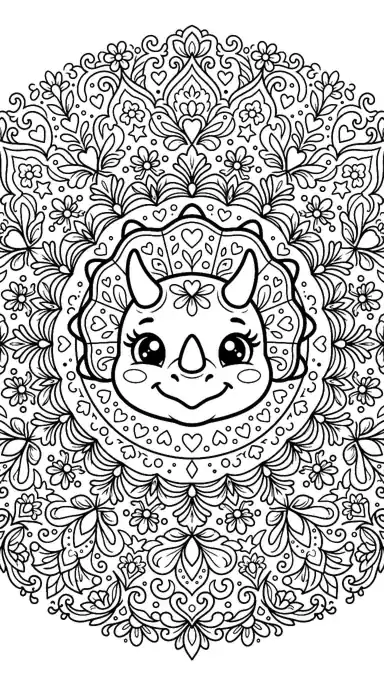cute dinosaur coloring pages printable page 04 - Triceratops Flower Mandala